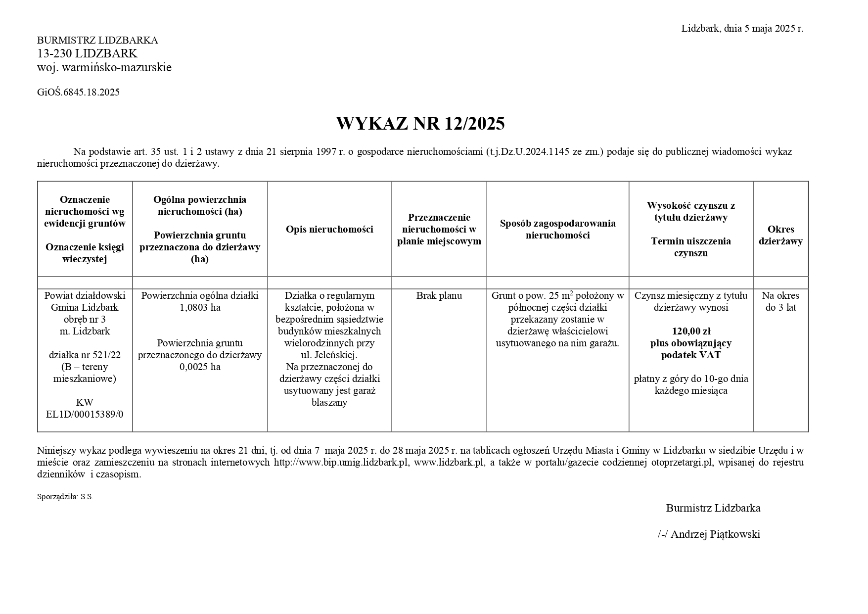 Wykaz Nr 12/2025 - Nieruchomość gruntowa do dzierżawy - obr. 3 m. Lidzbark dz. nr 521/22